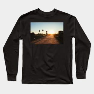 Woman Carrying Baskets on Head Walking in Burmese Countryside at Sunset Long Sleeve T-Shirt